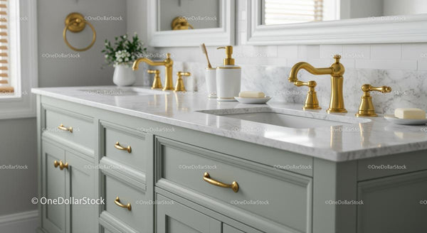 Elegant Bathroom with Gold Faucets and Marble Countertop