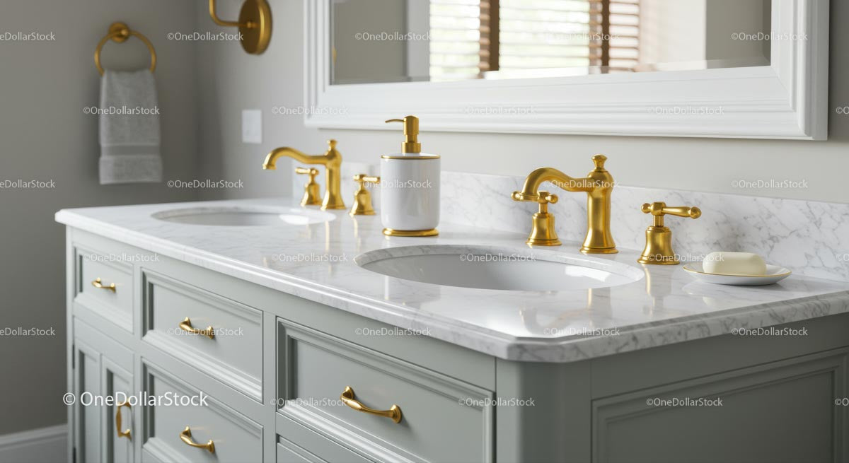 Luxurious Bathroom with Gold Fixtures and Marble Countertop