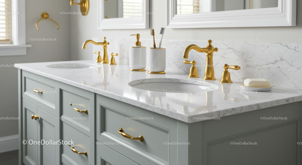 Elegant Bathroom with Marble Countertop and Brass Fixtures