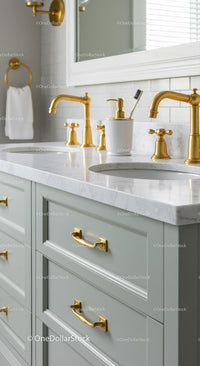 Elegant Bathroom with Golden Faucets and Marble Counter