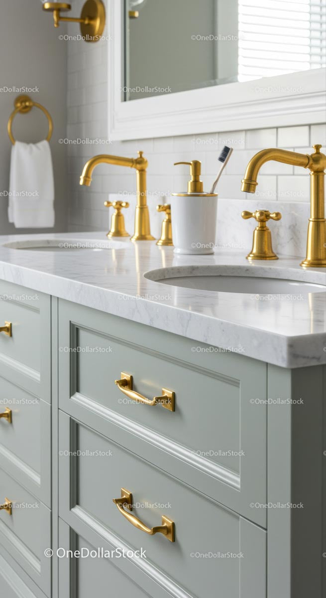 Elegant Bathroom with Golden Faucets and Marble Counter