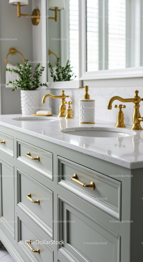 Elegant Bathroom With Green Cabinets and Brass Fixtures