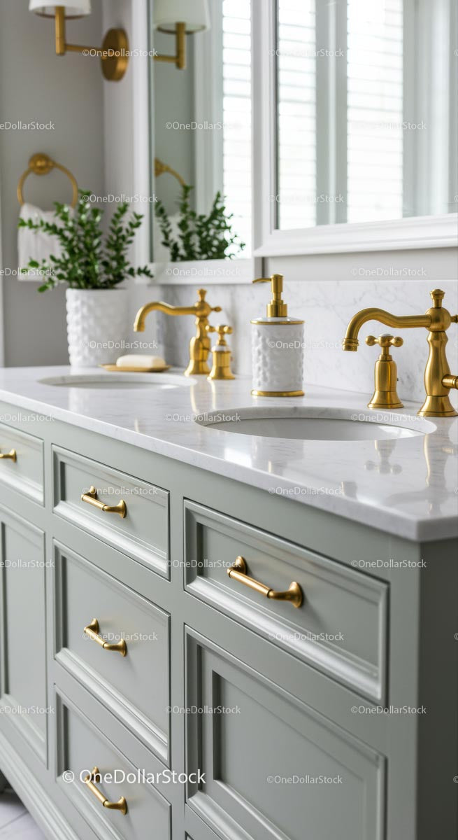 Elegant Bathroom With Green Cabinets and Brass Fixtures