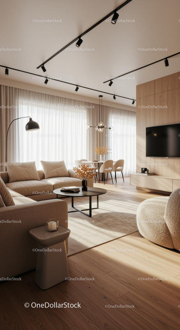 Nowoczesny beżowy salon z minimalistycznym wystrojem i naturalnym światłem