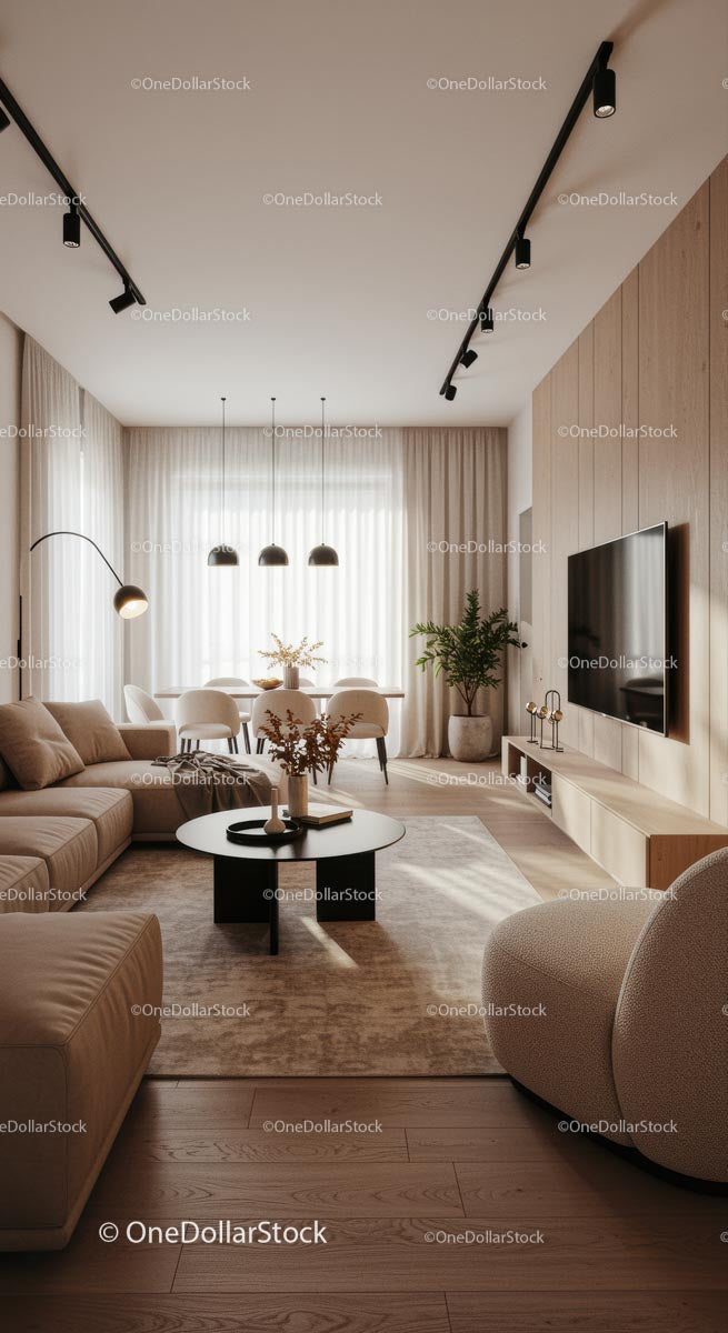 Modern Living Room with Minimalist Decor and Wooden Accents