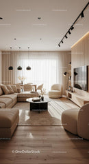 Modern Beige Living Room with Natural Light and Wooden Accents