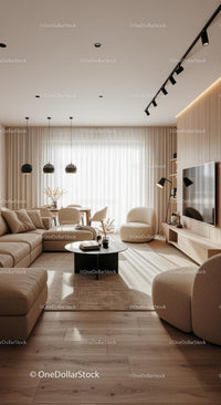 Modern Beige Living Room with Natural Light and Wooden Accents
