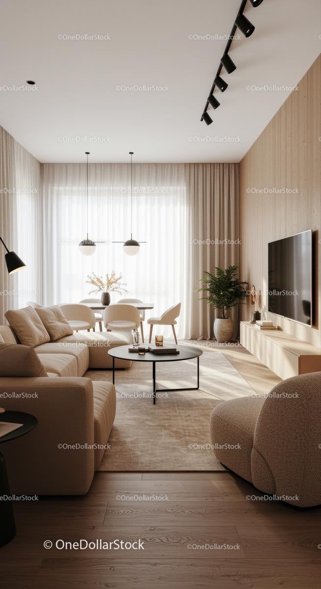 Nowoczesny minimalistyczny salon z beżowym wystrojem