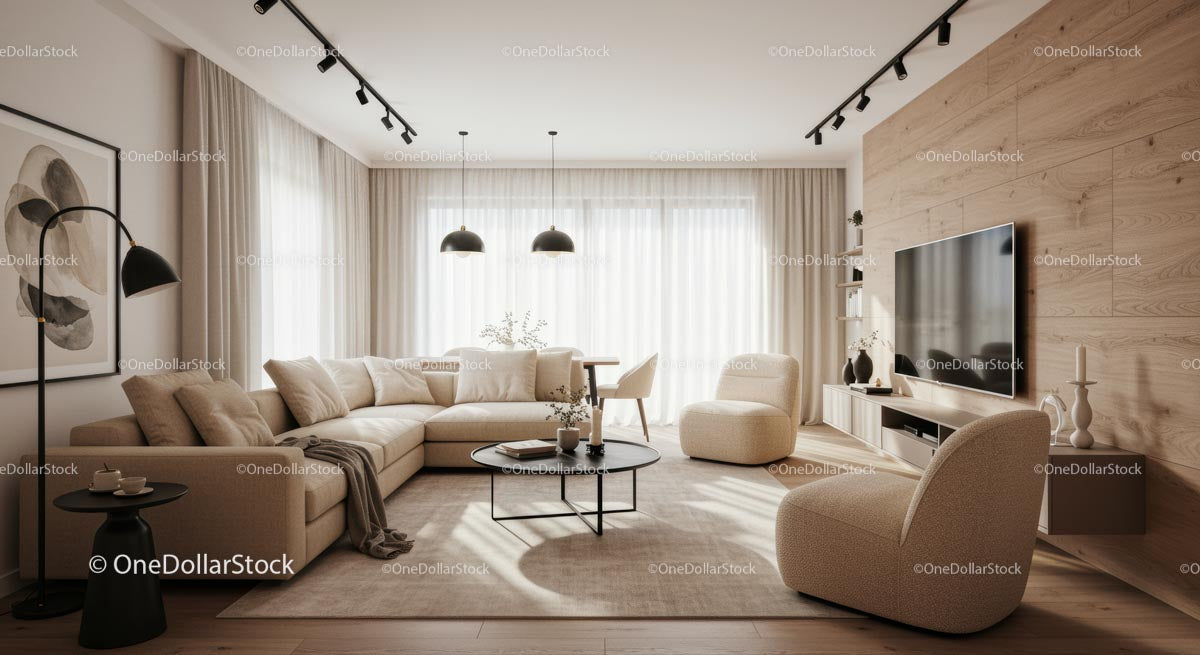 Nowoczesny beżowy salon z przytulną sofą i drewnianymi akcentami