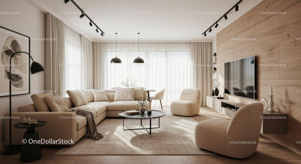 Nowoczesny beżowy salon z przytulną sofą i drewnianymi akcentami