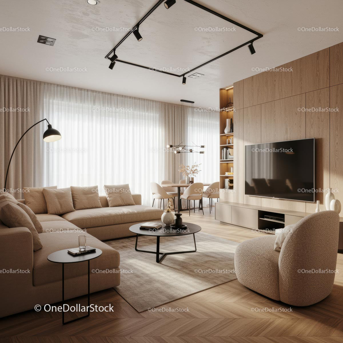 Nowoczesny minimalistyczny salon z eleganckimi neutralnymi tonami