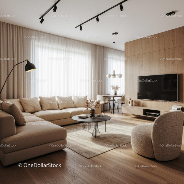 Nowoczesny skandynawski salon z beżową dekoracją
