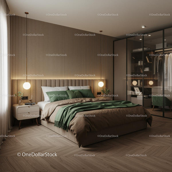 Modern Bedroom with Green Accents and Cozy Atmosphere
