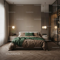Modern Minimalist Bedroom with Green Accents