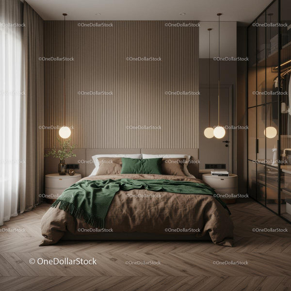 Modern Minimalist Bedroom with Green Accents