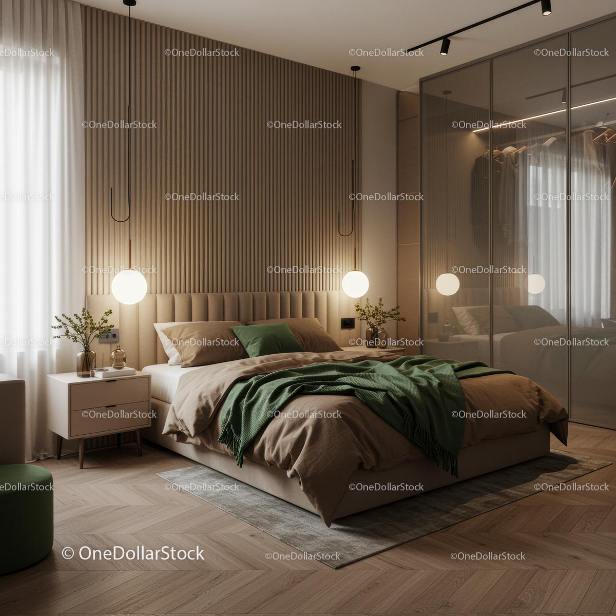 Elegancka sypialnia z nowoczesnym minimalistycznym wystrojem i zielonymi akcentami
