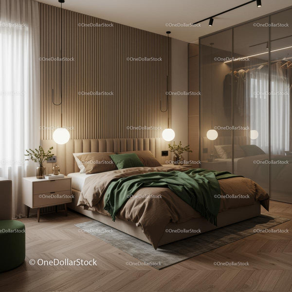 Elegant Bedroom with Modern Minimalist Decor and Green Accents
