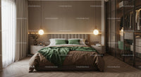 Modern Bedroom with Green Accents and Warm Lighting