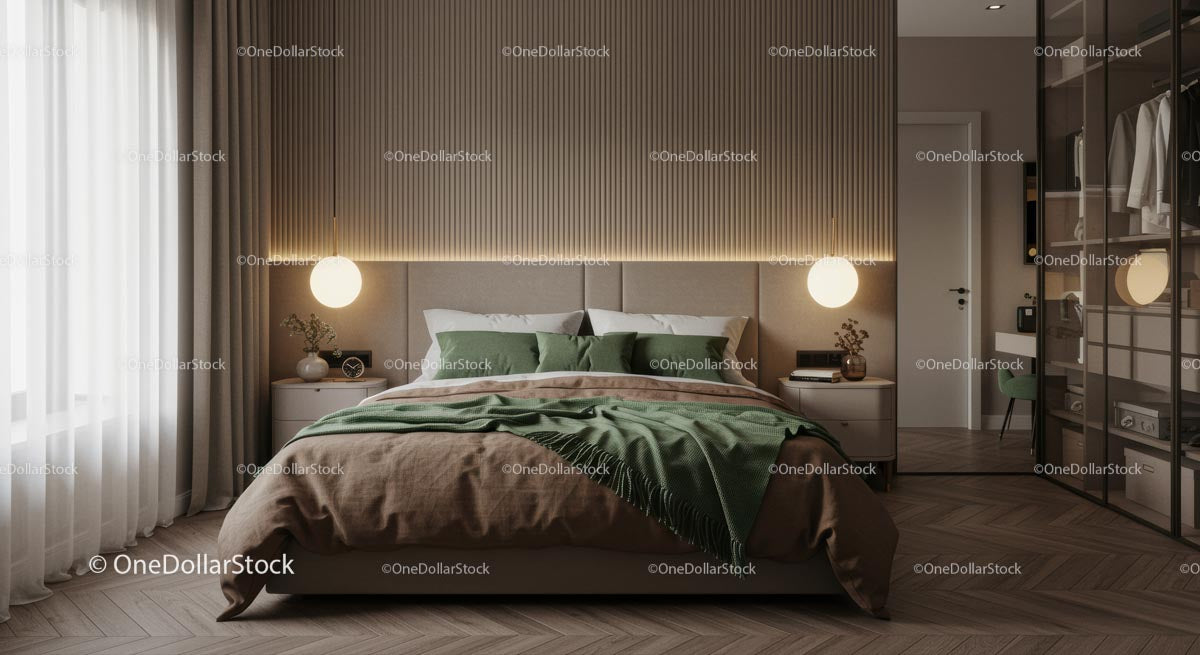 Modern Bedroom with Green Accents and Elegant Decor