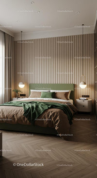 Modern Bedroom with Green Accents and Minimalist Decor