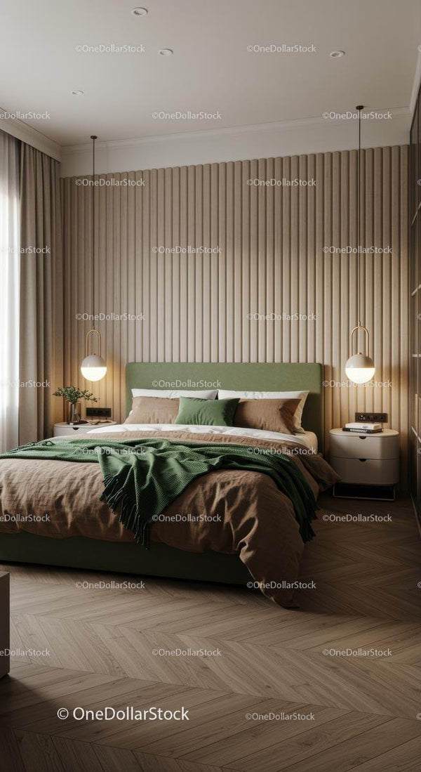 Modern Bedroom with Green Accents and Minimalist Decor