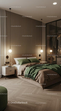 Modern Bedroom with Green Accents and Warm Lighting