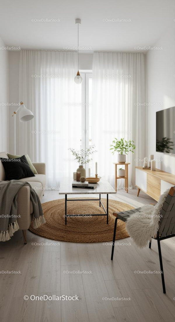 Skandynawski salon z naturalnym światłem i roślinami doniczkowymi