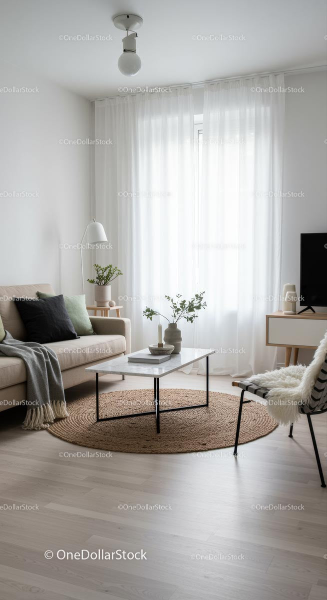 Minimalistyczny skandynawski salon z naturalnym światłem