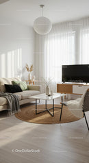 Cozy Scandinavian Living Room with Natural Light and Jute Rug