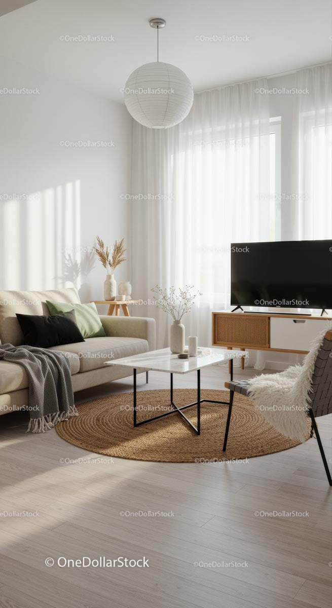 Przytulny skandynawski salon z naturalnym światłem i dywanem jutowym