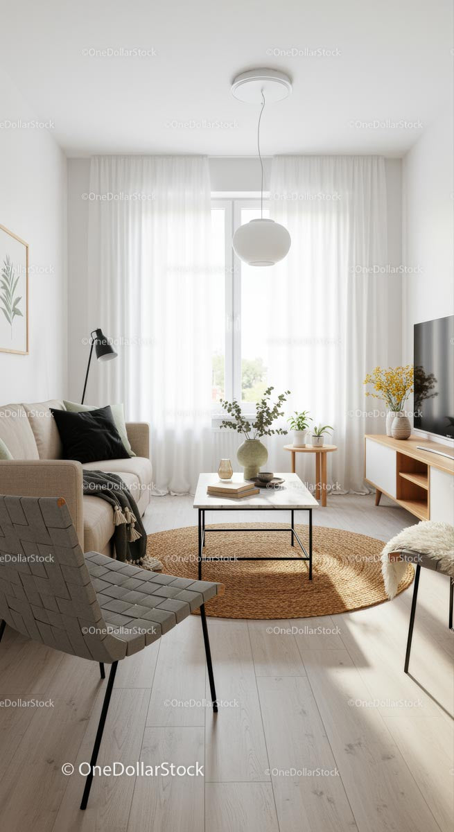 Przytulny skandynawski salon z roślinami doniczkowymi