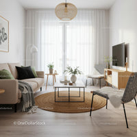 Scandinavian Living Room with Beige Sofa and Indoor Plants