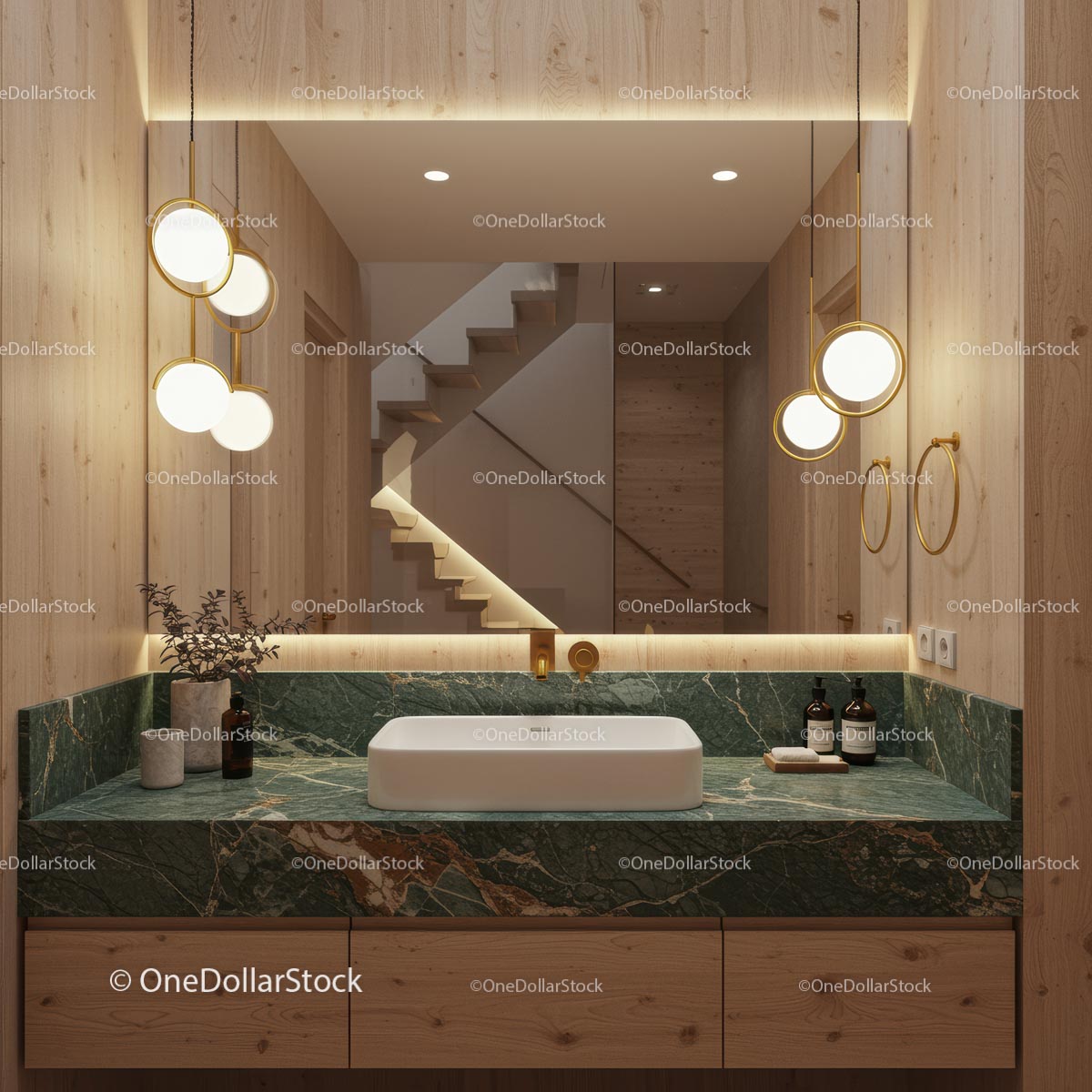 Stylish Bathroom with Green Marble Counter and Warm Lighting
