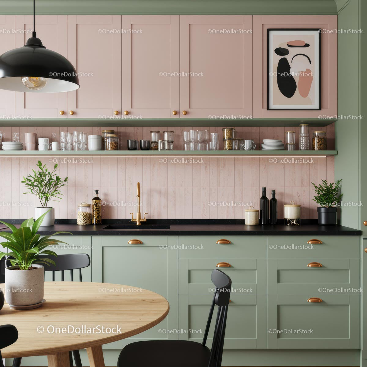 Modern Scandinavian Kitchen with Pastel Cabinets and Greenery