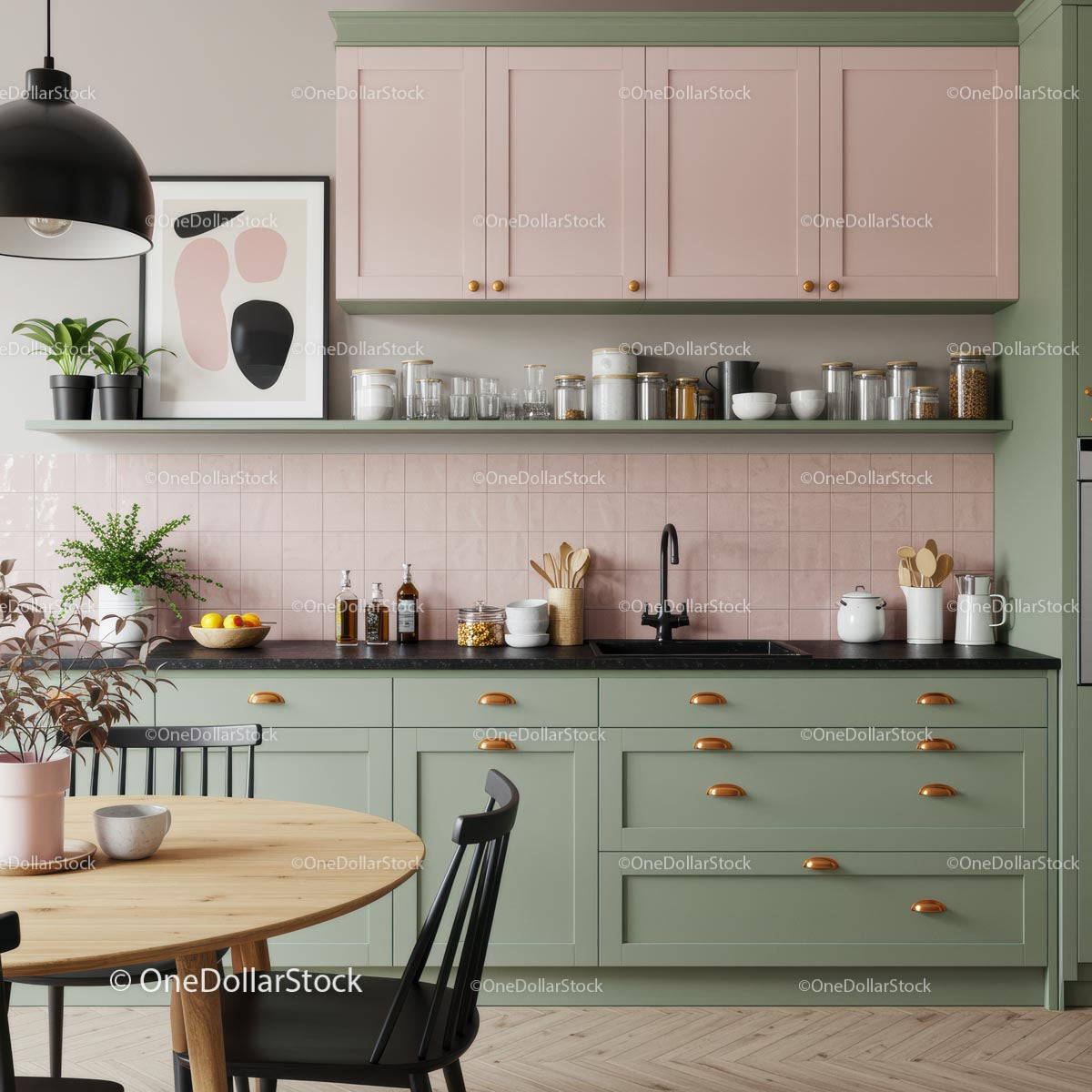 Scandinavian Style Kitchen with Pastel Cabinets and Plants