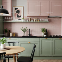 Contemporary Kitchen with Pink and Green Cabinets