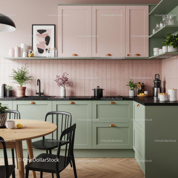 Stylish Modern Kitchen with Green and Pink Accents