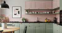 Scandinavian Style Kitchen with Mint Cabinets and Pink Accents