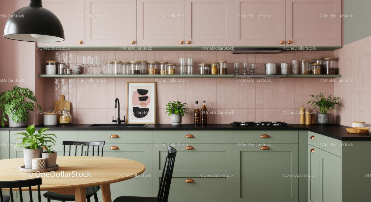 Modern Kitchen with Pastel Green and Pink Design