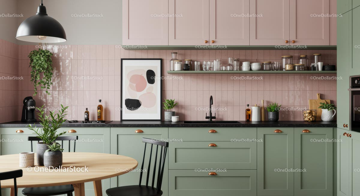 Modern Pastel Kitchen with Scandinavian Design and Greenery