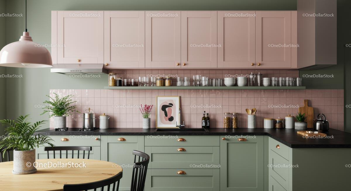 Pastel Pink and Green Modern Kitchen Interior Design