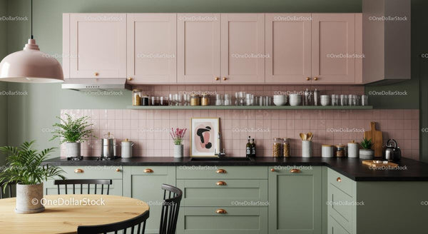 Pastel Pink and Green Modern Kitchen Interior Design