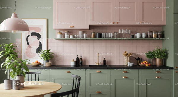 Modern Kitchen with Pastel Pink and Green Cabinets