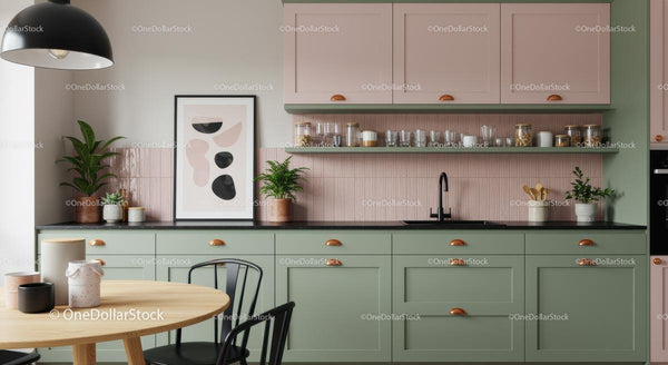 Stylish Green and Pink Pastel Modern Kitchen Interior
