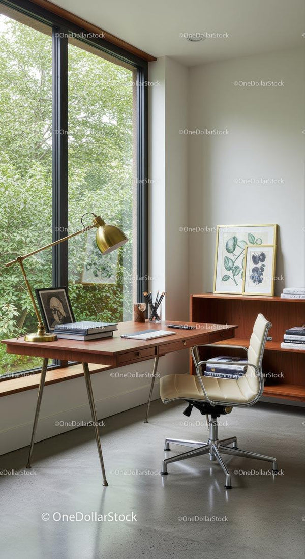 Modern Home Office with Large Window and Wooden Desk