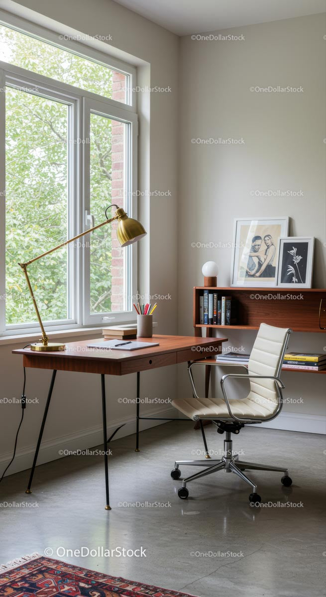 Modern Home Office with Wooden Desk and Large Window