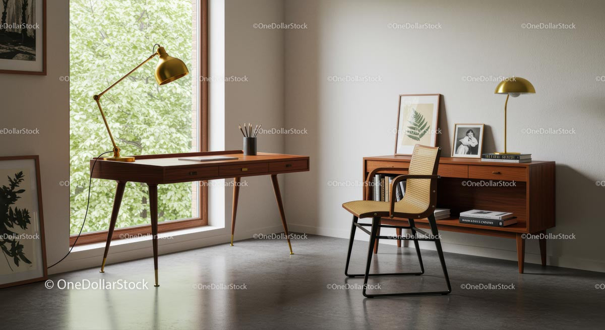 Biuro domowe w stylu Mid-Century Modern z drewnianymi meblami