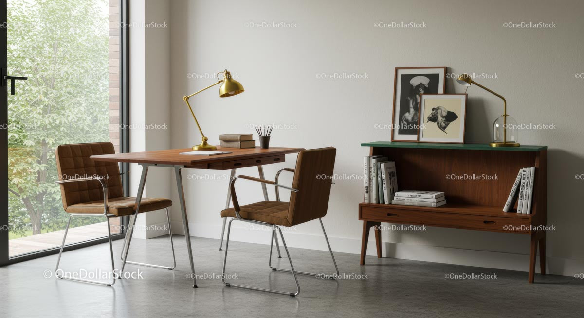 Biuro domowe w stylu Mid-Century Modern z drewnianymi meblami