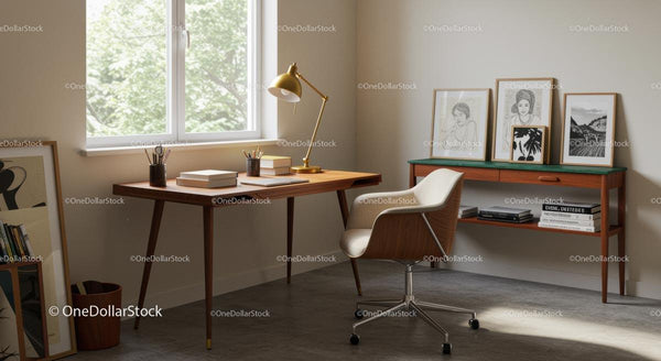 Mid-Century Home Office with Natural Light and Stylish Decor