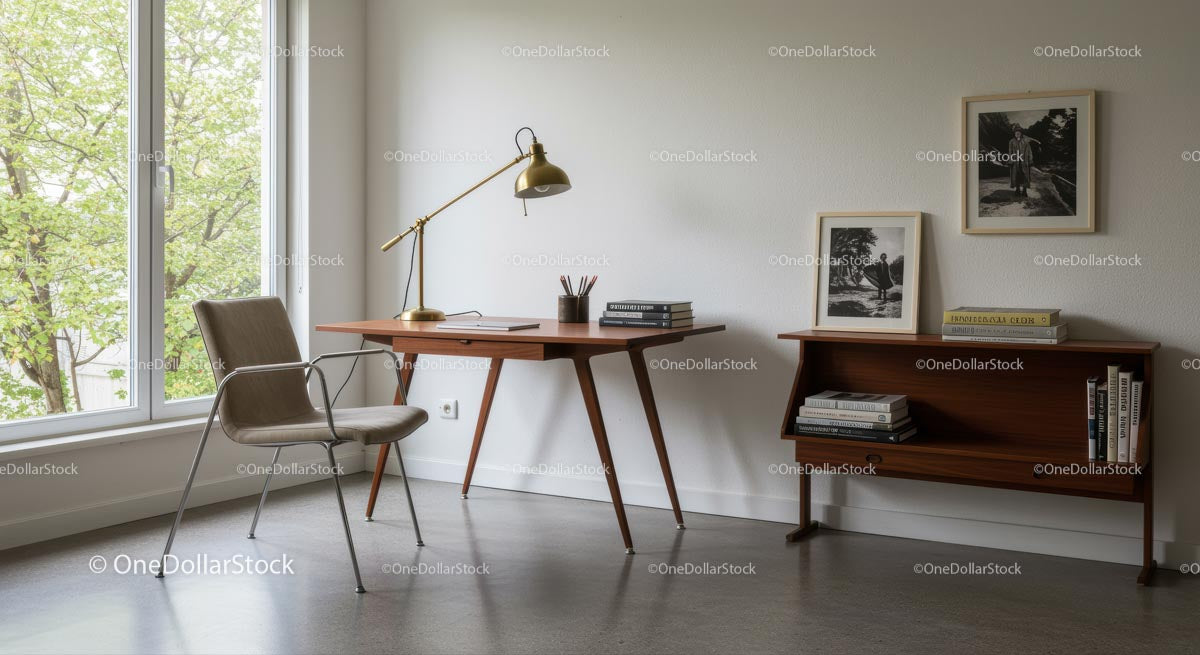 Minimalistyczne miejsce pracy w stylu Mid-Century Modern z naturalnym światłem